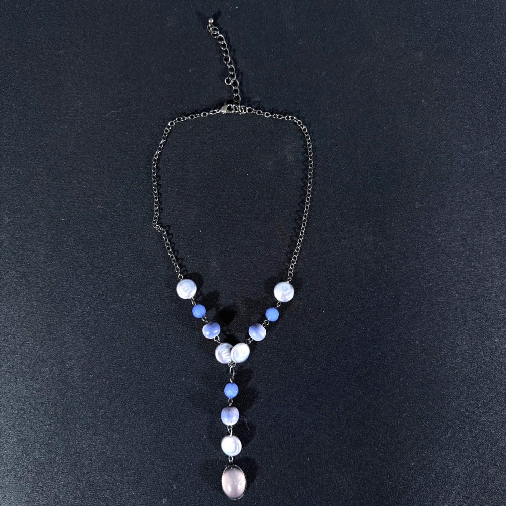 Silver‎ Tone Y Necklace Blue White Faux Pearls Oval Pendant Dainty Chain 16 in